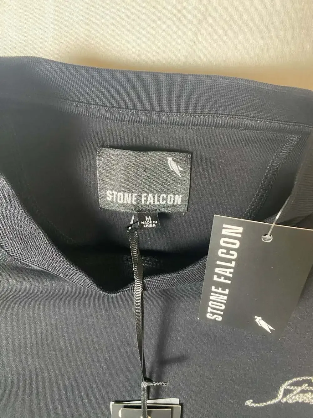 Stone Falcon Men's Black Rhinestone Script Logo T-Shirt Size M